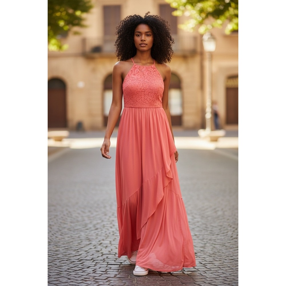 Adrianna Papell Coral Lace Halter Neck Maxi Dress Gown Prom Formal 14 NEW